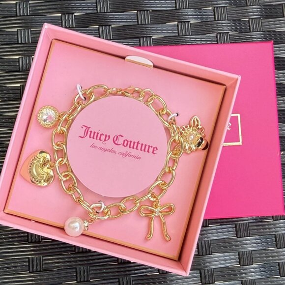 Juicy Couture Jewelry - Juicy Couture Gold Charm Bracelet Heart Bow Bee Pearl Crystal NIB